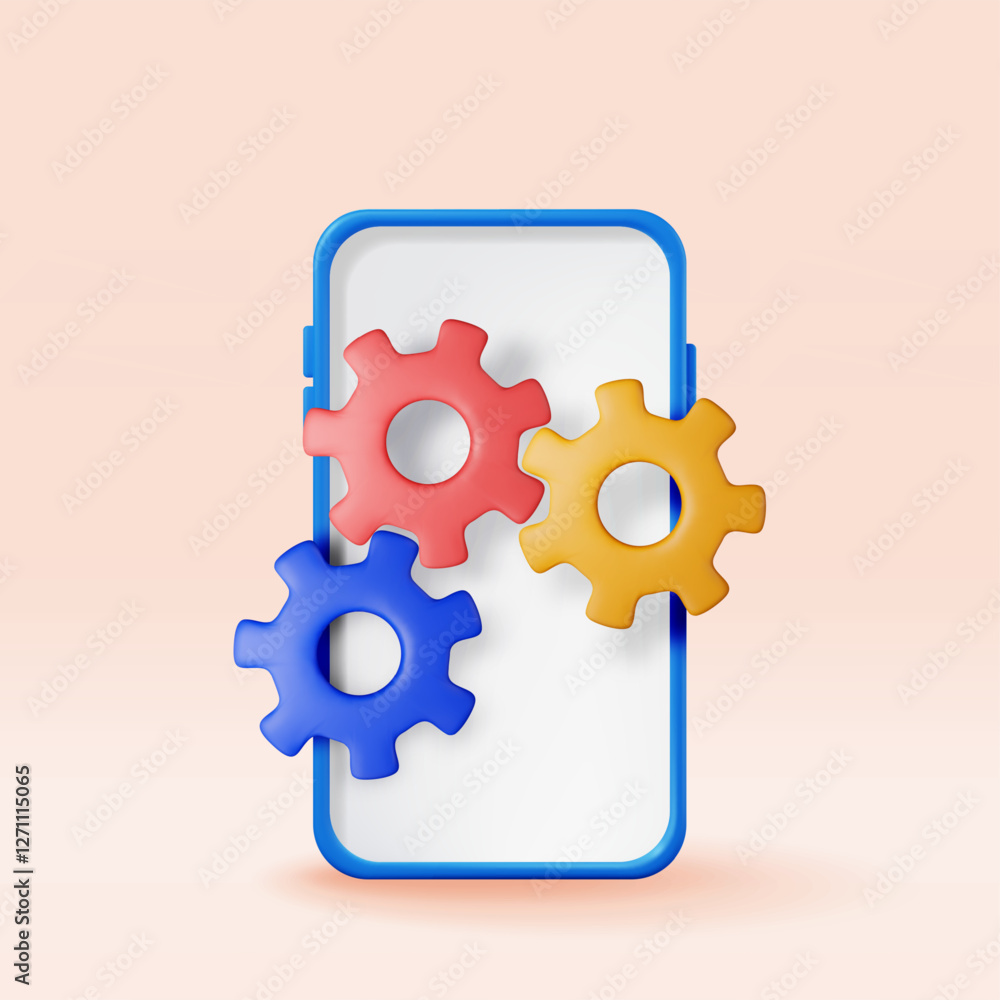 3D smartphone with gears on screen isolated. Render mobile phone with cogwheel icon. Settings, options and tools. Programming, coding, development, service and repair concept. Vector illustration 3D smartphone with gears on screen isolated. Render mobile phone with cogwheel icon. Settings, options and tools. Programming, coding, development, service and repair concept. Vector illustration