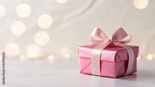 Pink gift with a glossy satin ribbon on a neutral light background, animation. 