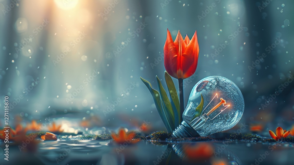 Fototapeta premium A vibrant red tulip beside a shattered light bulb in a serene, misty forest with soft sunlight filtering through