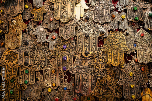Quadro em tela Market in old town medina Marakkesh fatima hands souvenirs in the gift shop Moro