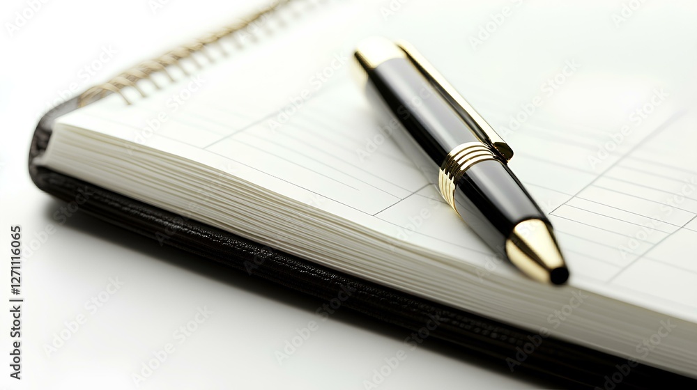 A notebook with blank pages lies open on a table, accompanied by a black pen. The setting is bright and organized, suggesting a workspace filled with creativity. A notebook with blank pages lies open on a table, accompanied by a black pen. The setting is bright and organized, suggesting a workspace filled with creativity.