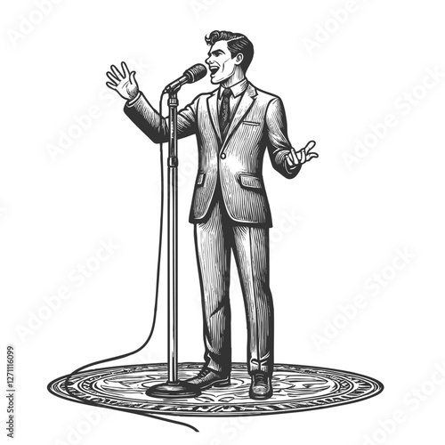 man in a suit performing stand-up comedy on stage, holding a classic microphone next to a stool sketch engraving generative ai vector illustration. Scratch board imitation. Black and white image.