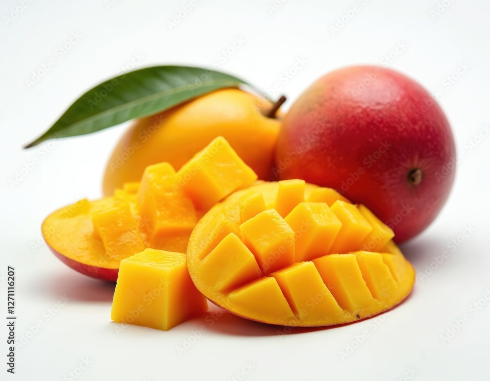 Fresh ripe mango cubes with whole fruit and green leaf on pure white background. Sweet yellow, red tropical mangoes. Healthy food, natural dessert, juicy snack, summer vitamin diet. Fresh ripe mango cubes with whole fruit and green leaf on pure white background. Sweet yellow, red tropical mangoes. Healthy food, natural dessert, juicy snack, summer vitamin diet.