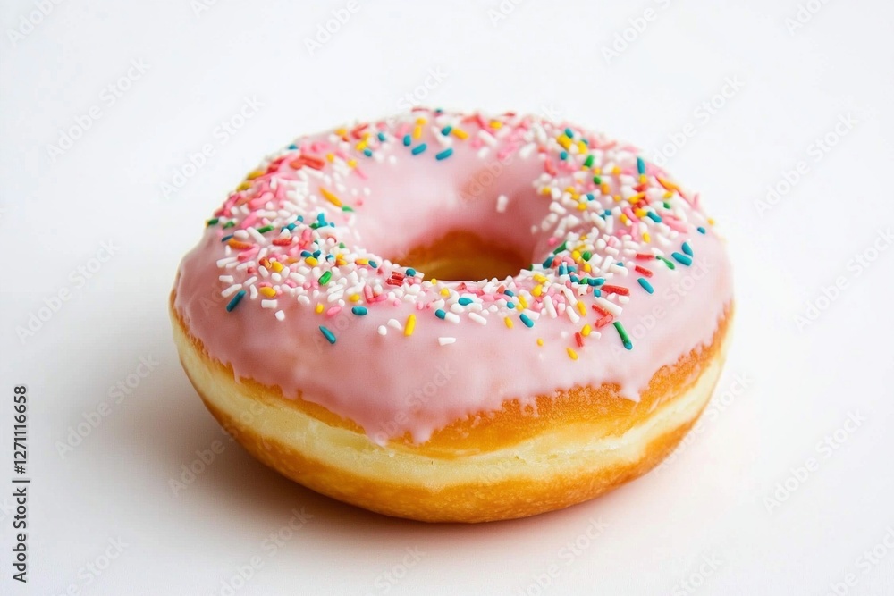 A tempting white frosted donut sits elegantly against a clean white background, topped with colorful sprinkles that add a playful touch, inviting indulgence A tempting white frosted donut sits elegantly against a clean white background, topped with colorful sprinkles that add a playful touch, inviting indulgence
