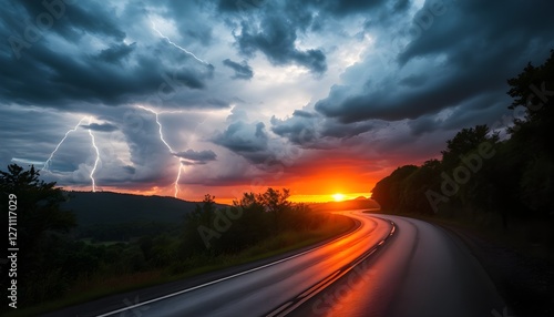 A dramatic landscape featuring a winding road under a stormy sky filled with dark, ominous clouds. Bright flashes of lightning illuminate the scene, reflecting off the wet surface of the road. Lush tr
