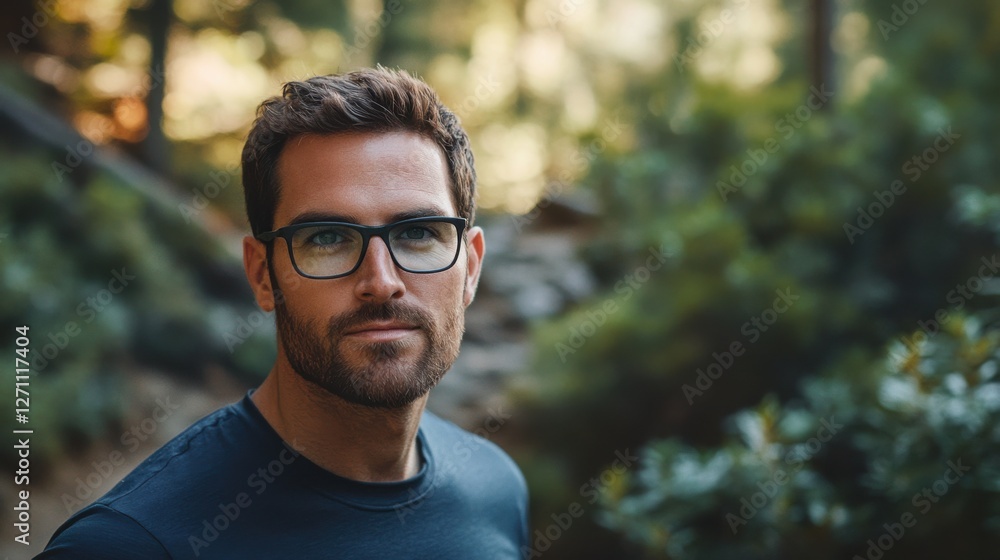 Myopia prevention with a man wearing glasses hiking on a mountain path. Outdoor fitness, wellness, and eye health Myopia prevention with a man wearing glasses hiking on a mountain path. Outdoor fitness, wellness, and eye health
