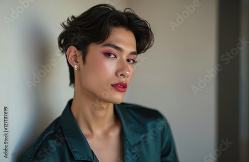 Young adult man wears makeup, woman clothes, poses fashionably with confident expression. Androgynous appearance with beautiful features in glamorous studio. Transgender person demonstrates photo