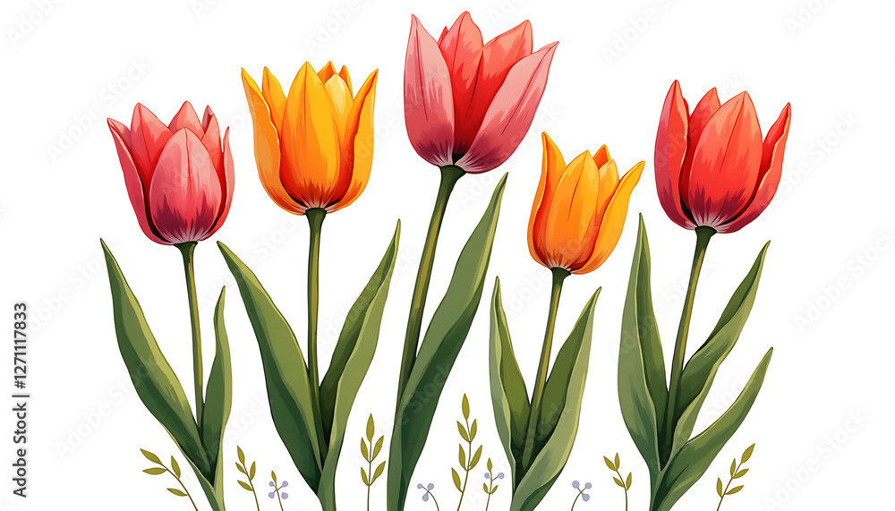Illustration of colorful tulips with green leaves