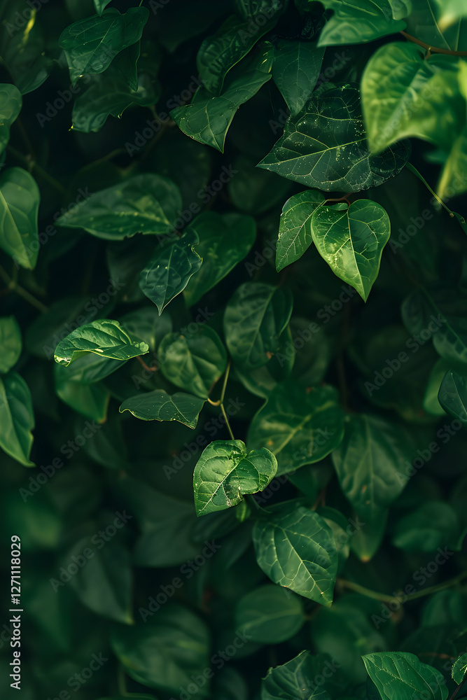 Lush green foliage featuring vibrant leaves, creating a natural backdrop for tranquility Lush green foliage featuring vibrant leaves, creating a natural backdrop for tranquility
