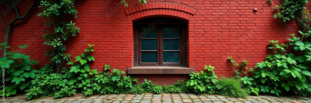 Window in red brick wall with cobblestones and overgrown vegetation, wild, red brick Window in red brick wall with cobblestones and overgrown vegetation, wild, red brick