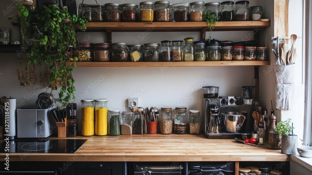 Cozy kitchen with wooden shelves and assorted jars Cozy kitchen with wooden shelves and assorted jars
