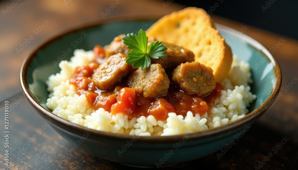 White rice bowl topped with crispy bread and savory veal pieces in a garlicky sauce, fried, fettah, dish White rice bowl topped with crispy bread and savory veal pieces in a garlicky sauce, fried, fettah, dish