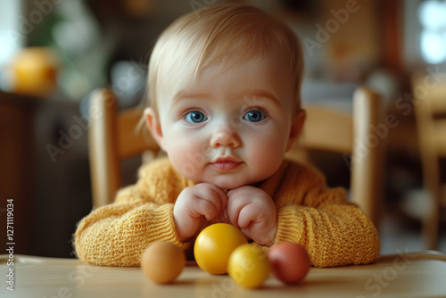 Baby in a yellow sweater leans on a table with colored balls, looking directly. Concept of innocence, curiosity, and warmth. For baby product photo.