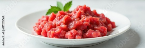 White plate with raw minced beef strips on surface, beef, whiteness, cleanliness