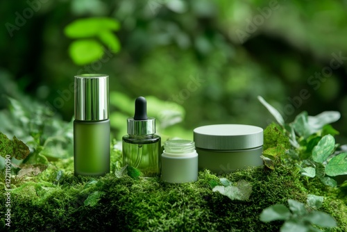 Natural Skincare Products in a Lush Forest Setting photo