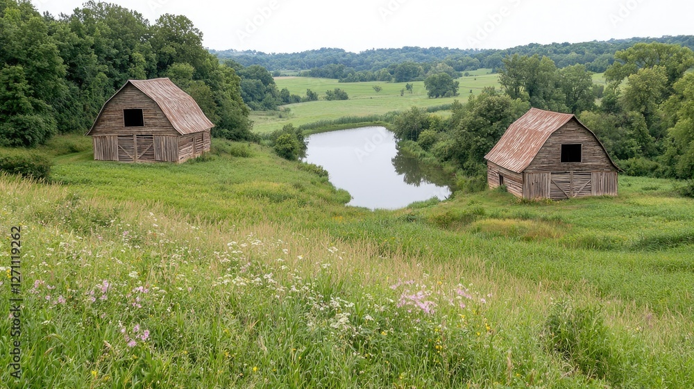 Obraz premium Two barns on a grassy hill overlooking a pond. Scenic rural landscape. Potential use Stock photo for nature, rural life, travel, or real estate