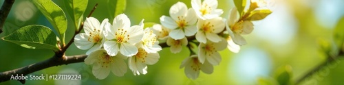 White macadamia flowers on a tree branch in full sun, branch, greenery