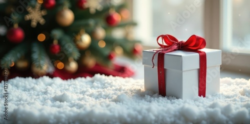 White gift box on a snowy table with a decorated tree, holiday, white, present