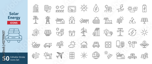 Solar Energy Icons Set. Solar Panel, Green Energy, Sun Energy, Solar Battery, Energy Saving, Solar House, Ecology, Electricity, Renewable Energies Editable Stroke Vector Illustration