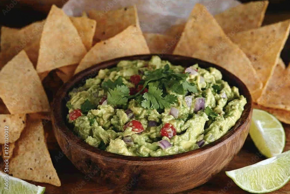 Fresh guacamole served with tortilla chips and lime wedges Fresh guacamole served with tortilla chips and lime wedges