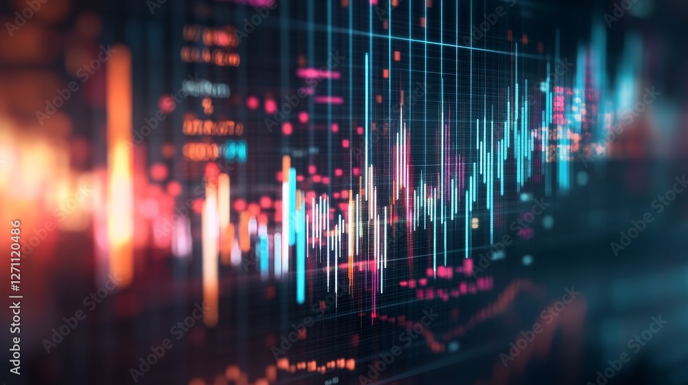 Financial Market Data Visualization - Abstract close-up of dynamic market data displayed on a screen, showcasing vibrant color-coded graphs and numerical information Financial Market Data Visualization - Abstract close-up of dynamic market data displayed on a screen, showcasing vibrant color-coded graphs and numerical information