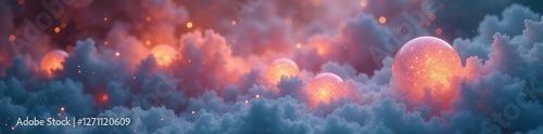 Softly glowing orbs float amidst swirling mist  nature  surreal
