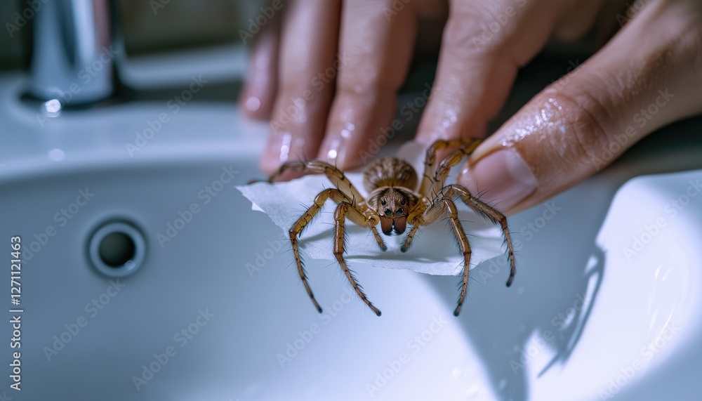 Obraz premium Person removing spider, bathroom sink, dark background, pest control