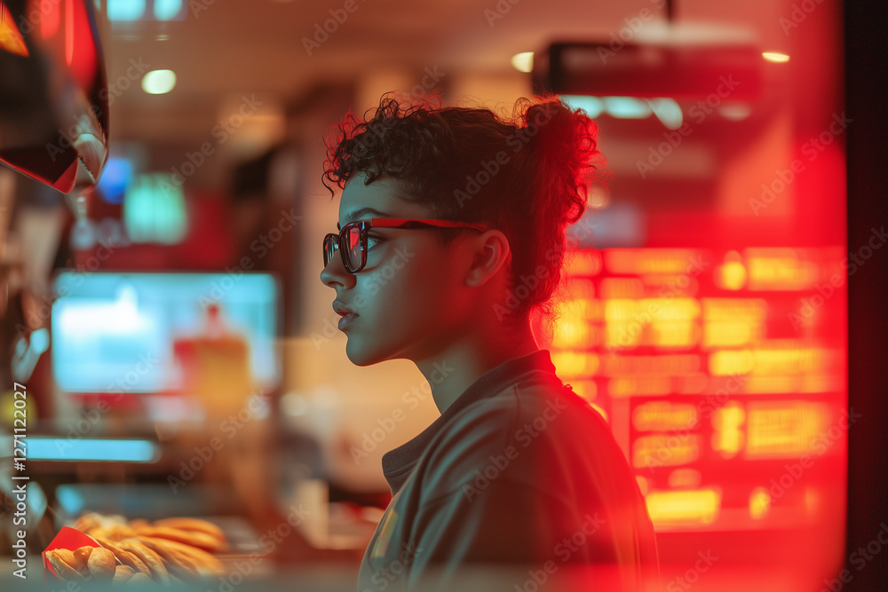 Fototapeta premium Plus-size teenager ordering food at fast food restaurant during evening hours