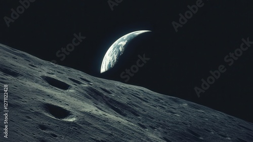 crescent Earth rising over the lunar surface, echoing the famous Earthrise photo from Apollo 8 photo