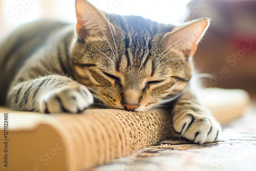 A domestic cat relaxing on a textured scratching mat photo