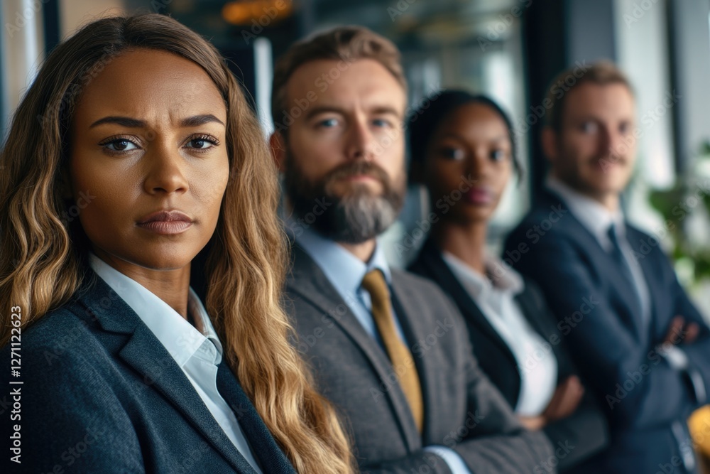 A group of business professionals standing in a row, possibly discussing or presenting something A group of business professionals standing in a row, possibly discussing or presenting something