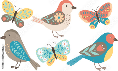 Spring set with decorative birds and butterflies. Decorative hand drawn illustration in folk style