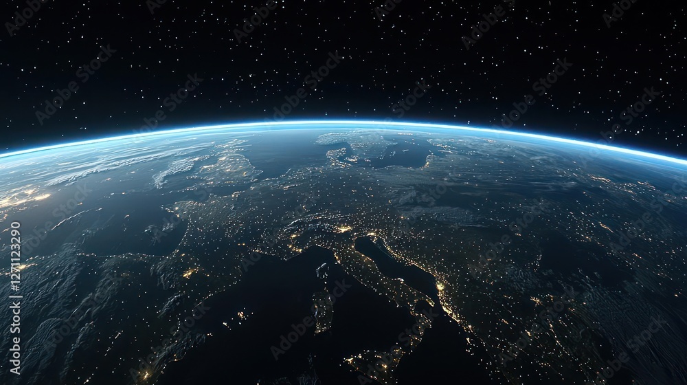 Fototapeta premium Night View of Earth From Space Showing City Lights and Starry Background