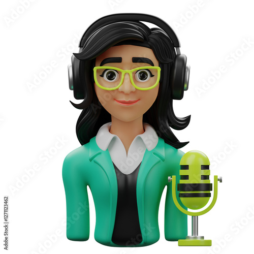 3D Woman Podcaster, Smiling, Wearing Headphones and Glasses, Green Jacket, Holding Microphone photo