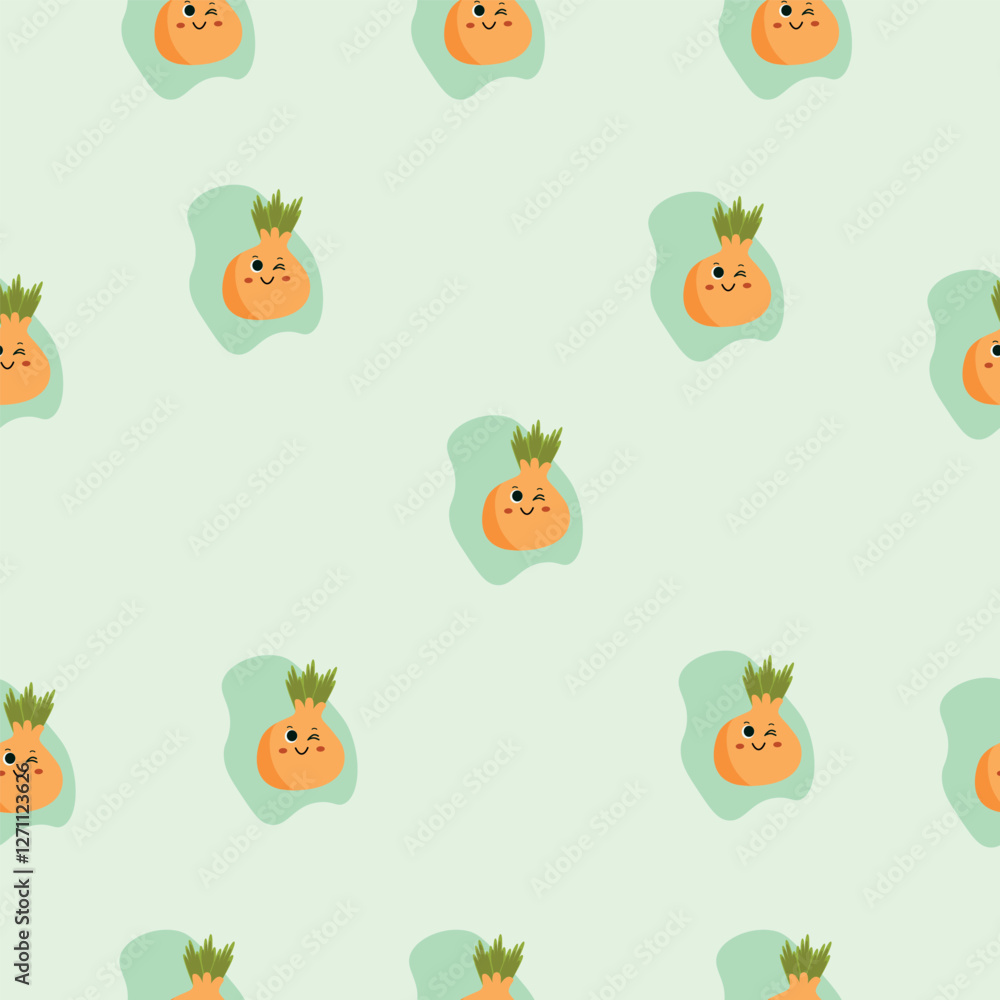 Seamless pattern featuring smiling, round onions with green tops on a light green background. Seamless pattern featuring smiling, round onions with green tops on a light green background.