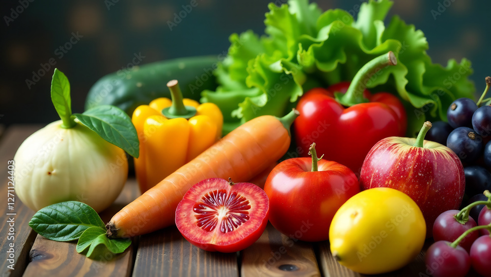 A vibrant and colorful still life of various fruits and vegetables, arranged in an appealing way, symbolizing a balanced diet. A vibrant and colorful still life of various fruits and vegetables, arranged in an appealing way, symbolizing a balanced diet.