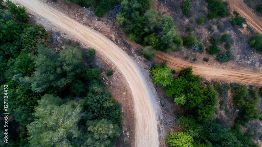 Aerial view of winding dirt road surrounded by lush green trees in serene landscape : Generative AI Aerial view of winding dirt road surrounded by lush green trees in serene landscape : Generative AI