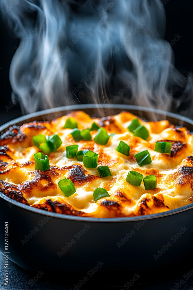 Macaroni and cheese with green onions steaming and ready to be served Macaroni and cheese with green onions steaming and ready to be served