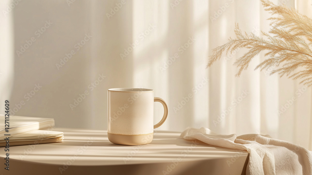 Minimalist Ceramic Coffee Mug on Sunlit Table with Neutral Tones, Soft Textiles, Cozy Scandinavian Decor, and Warm Natural Light Minimalist Ceramic Coffee Mug on Sunlit Table with Neutral Tones, Soft Textiles, Cozy Scandinavian Decor, and Warm Natural Light