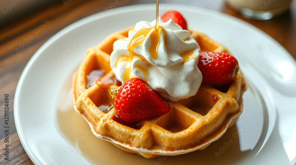 Delicious waffle with whipped cream, strawberries, and pouring syrup for breakfast Delicious waffle with whipped cream, strawberries, and pouring syrup for breakfast