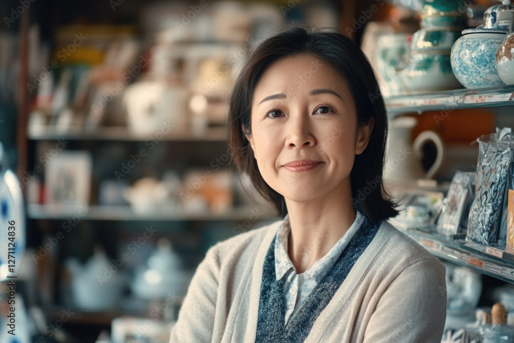 A woman stands in front of a shelf filled with vases, admiring the collection A woman stands in front of a shelf filled with vases, admiring the collection