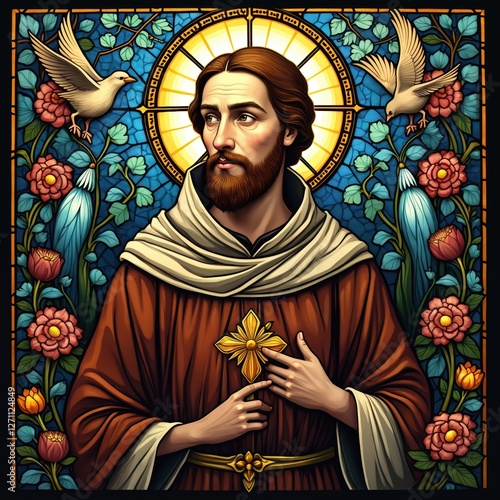 Stained glass style generative AI image of Saint Francis of Assisi. He is depicted with a beard, halo, gold cross and dove among flowers, leaves. Religious, faith, spirituality themes.
