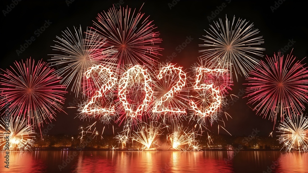 Celebration of the New Year: Fireworks burst in a kaleidoscope of colors against the night sky, forming the sparkling digits of Celebration of the New Year: Fireworks burst in a kaleidoscope of colors against the night sky, forming the sparkling digits of