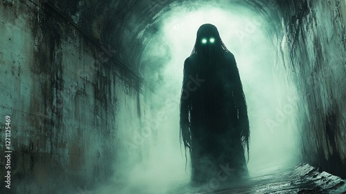 A shadowy figure with glowing eyes stands at the end of a dark, decaying hallway, surrounded by mist and an eerie atmosphere, evoking a sense of fear and the unknown