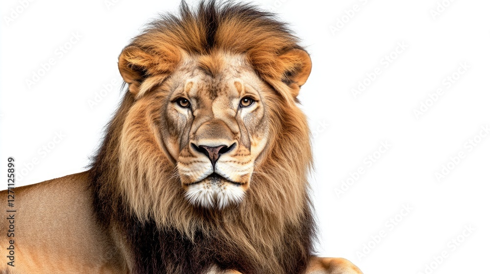 A close-up view of a lion's face on a white background, suitable for use in wildlife or animal-related contexts A close-up view of a lion's face on a white background, suitable for use in wildlife or animal-related contexts