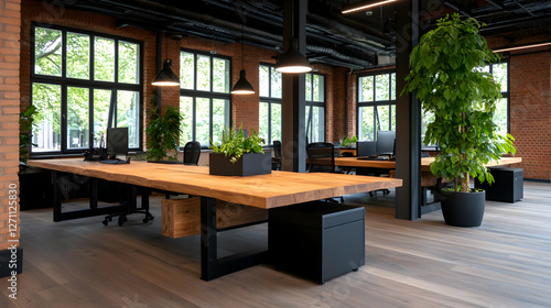 Modern office space with wooden desks  green plants   urban brick wall background