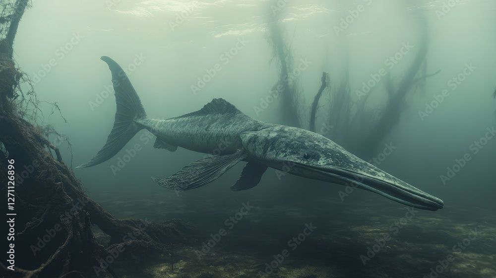 Fototapeta premium Prehistoric fish swims in murky swamp, roots visible, underwater scene