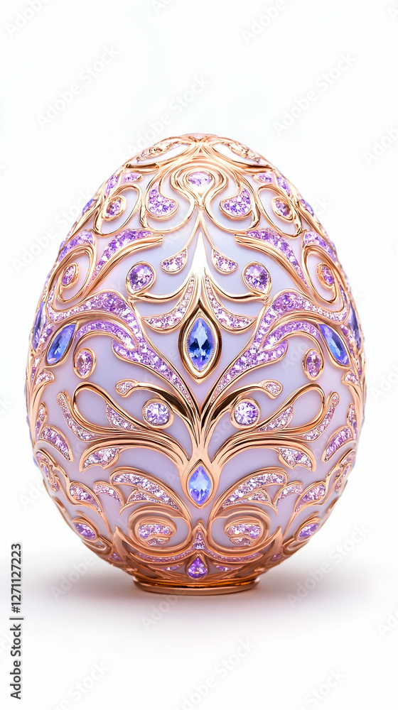 Ornate egg decorated with gold and gems on white background for a festive purpose Ornate egg decorated with gold and gems on white background for a festive purpose