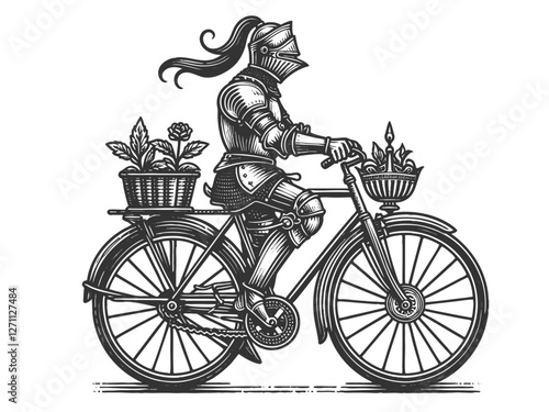 medieval knight in armor riding a bicycle with horse head, humorous style sketch engraving generative ai vector illustration. Scratch board imitation. Black and white image.