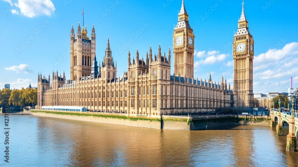 Fototapeta premium Parliament building, Big Ben clock tower, London, river, bright blue sky, for travel ad